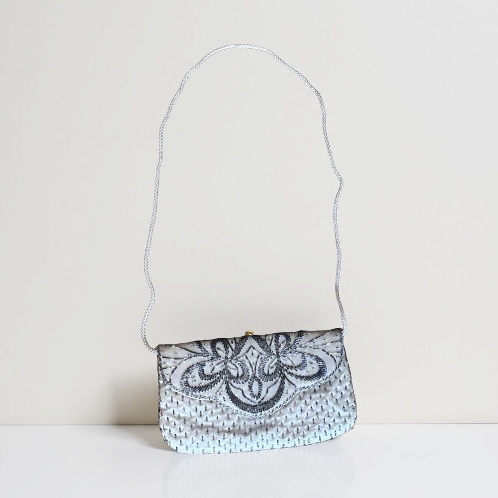 Vintage Magid Quilted Beaded Clutch - Purse - Handbag with Strap Ivory - Gray